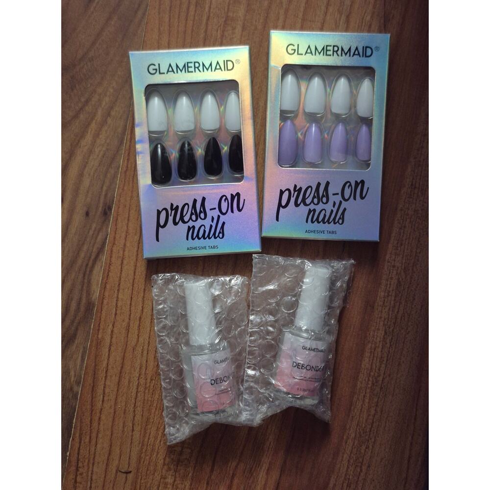 2 Pack Press On Nails Black Purple White With 2 Pack Glue Desolver s21